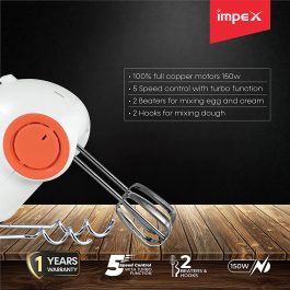 Impex HM 3303 150W Hand Mixer With 2 Hooks And Beaters, Ivory