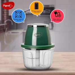Pigeon Zoom Electric Chopper 350 ml, Portable with 3 Stainless Steel Blades for Effortlessly Chopping Vegetables and Fruits – Green, 30 Watts