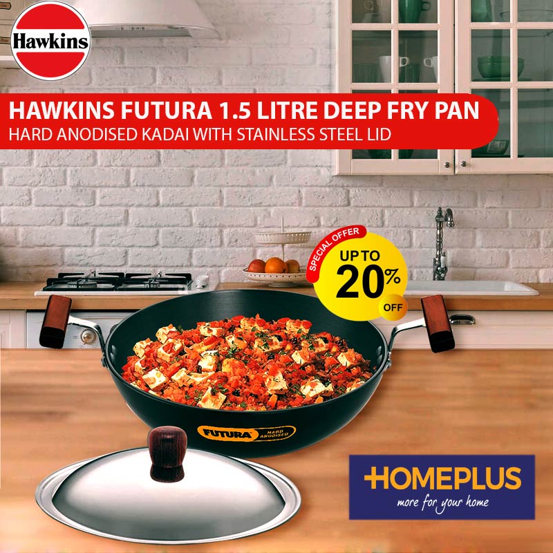 HAWKINS FUTURA 1.5 LITRE DEEP FRY PAN HARD ANODISED KADAI WITH STAINLESS STEEL LID
